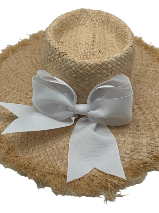 Lisi Lerch Tan & White Straw Woven Frayed Bow Hat Tan & White