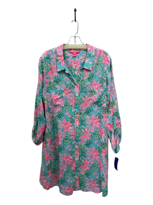 Lilly Pulitzer Size XL Blue, Pink & Green Rayon pastel Floral Collar Dress Blue, Pink & Green / XL
