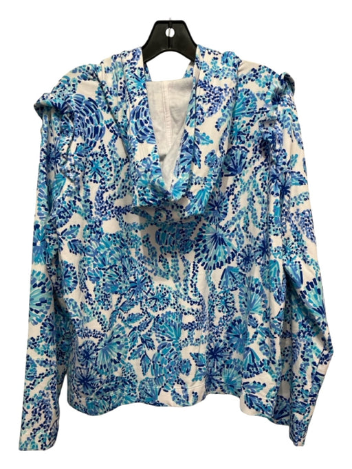 Lilly Pulitzer Size XL Blue & White Cotton Blend Zip Abstract Ruffle Jacket Blue & White / XL