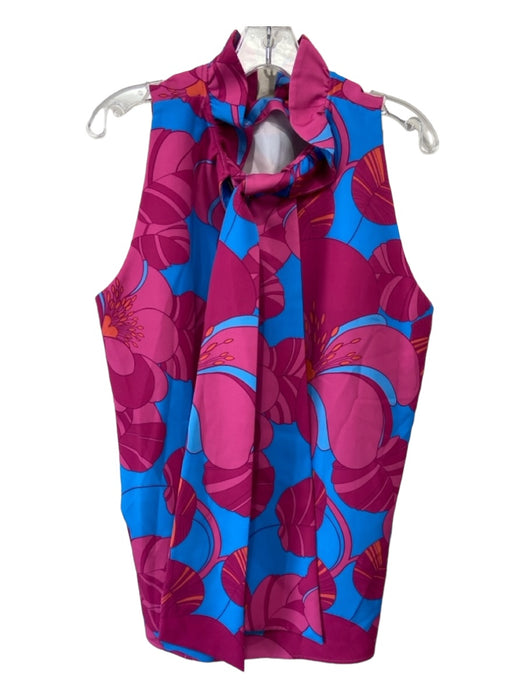 Tuckernuck Size XXL Blue & Pink Polyester Blend Ruffle Tie Neck Floral Top Blue & Pink / XXL