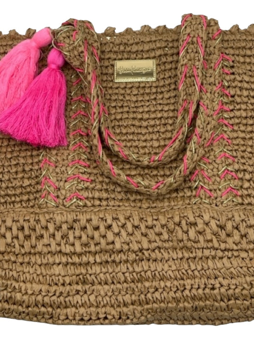 Lilly Pulitzer Beige & Pink Paper Woven Tote Shoulder Tassel Bag Beige & Pink / XL