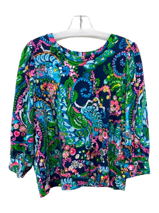 Lily Pulitzer Size XXL Navy blue & green Cotton Blend 3/4 Sleeve Paisley Top Navy blue & green / XXL