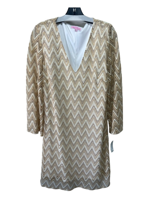 Lily Pulitzer Size XL Beige & Gold Polyester V Neck Chevron Overlay Dress Beige & Gold / XL