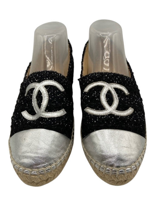 Chanel Shoe Size 40 Black & Silver textile upper Jute Sole Metallic Detail Flats Black & Silver / 40
