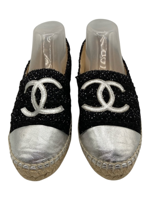Chanel Shoe Size 40 Black & Silver textile upper Jute Sole Metallic Detail Flats Black & Silver / 40