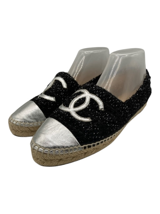 Chanel Shoe Size 40 Black & Silver textile upper Jute Sole Metallic Detail Flats Black & Silver / 40