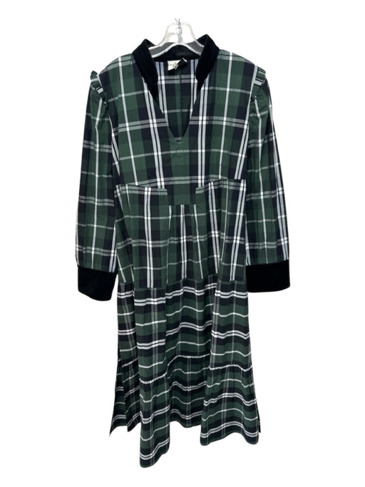 Tuckernuck Size XXL Green, Black & White Cotton Velvet Detail Plaid V Neck Dress Green, Black & White / XXL