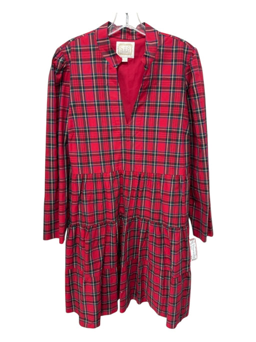 Sail To Sable Size XXL Red & Multi Cotton Plaid V Neck Tiered Skirt Dress Red & Multi / XXL