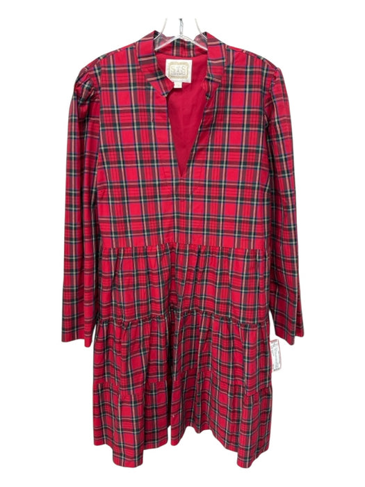 Sail To Sable Size XXL Red & Multi Cotton Plaid V Neck Tiered Skirt Dress Red & Multi / XXL