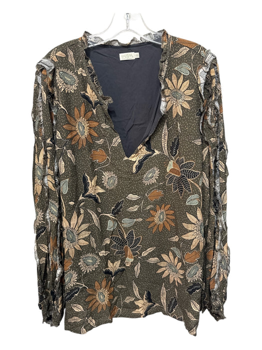 Spartina Size XXL Gray Green & Brown Viscose & Rayon Ruffle Details V Neck Top Gray Green & Brown / XXL