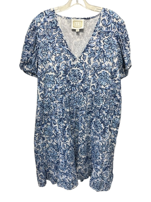 Sail To Sable Size XXL Blue & White Cotton Short Balloon Sleeve Floral Dress Blue & White / XXL