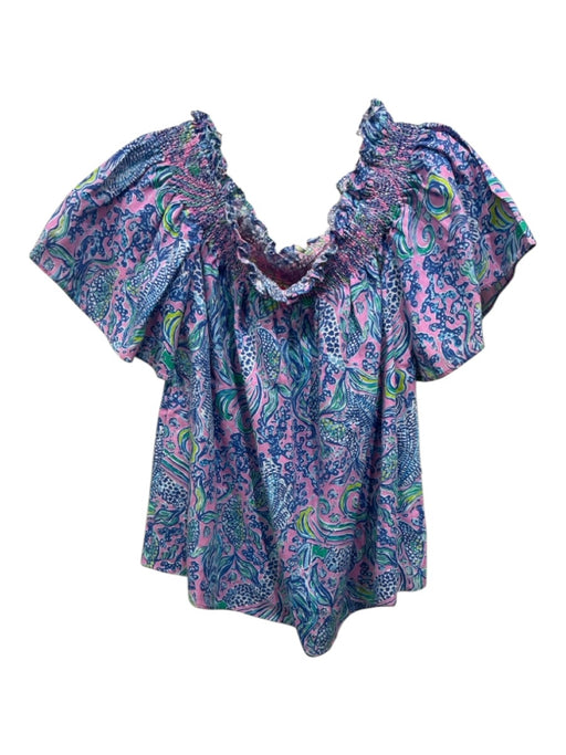 Lilly Pulitzer Size XL Blue, Pink & Green Linen Short Sleeve Off Shoulder Top Blue, Pink & Green / XL