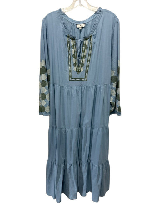 Tuckernuck Size XXL Light Blue, Green & White Cotton Long Balloon Sleeve Dress Light Blue, Green & White / XXL