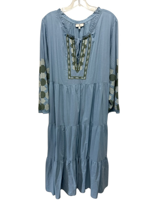Tuckernuck Size XXL Light Blue, Green & White Cotton Long Balloon Sleeve Dress Light Blue, Green & White / XXL
