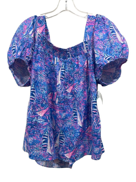 Lilly Pulitzer Size 16 Blue, Pink & White Linen Short Sleeve Square Neck Top Blue, Pink & White / 16