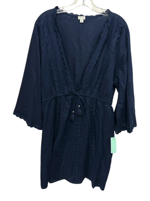 J. Crew Size XL Navy Blue Linen 3/4 Sleeve Scalloped Deep v neck Dress Navy Blue / XL