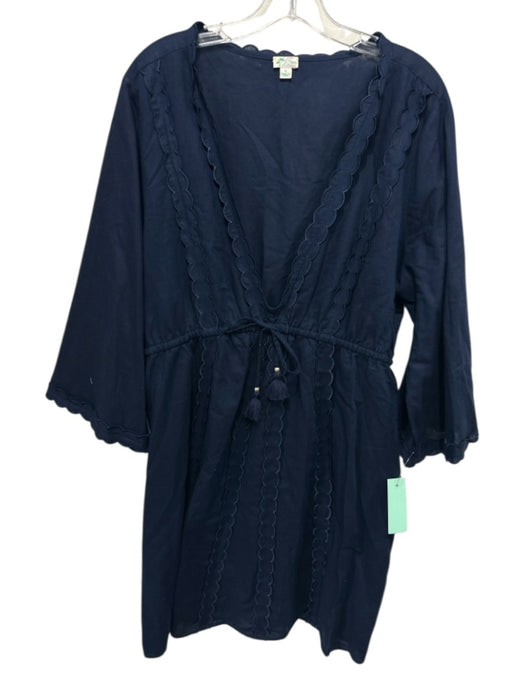 J. Crew Size XL Navy Blue Linen 3/4 Sleeve Scalloped Deep v neck Dress Navy Blue / XL