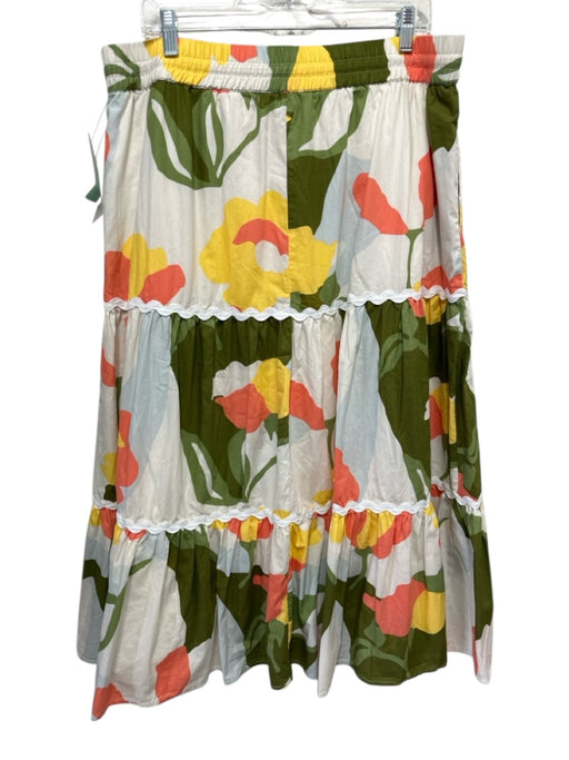 CeCe Size XL White, Green & Orange Cotton Elastic Waist Abstract Floral Dress White, Green & Orange / XL