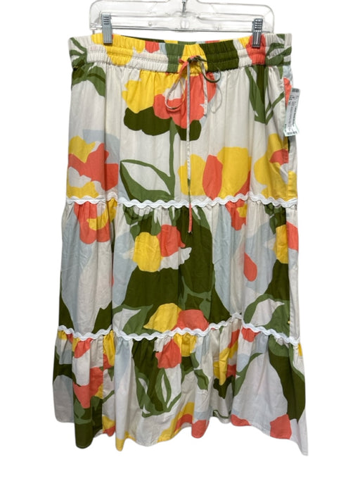 CeCe Size XL White, Green & Orange Cotton Elastic Waist Abstract Floral Dress White, Green & Orange / XL