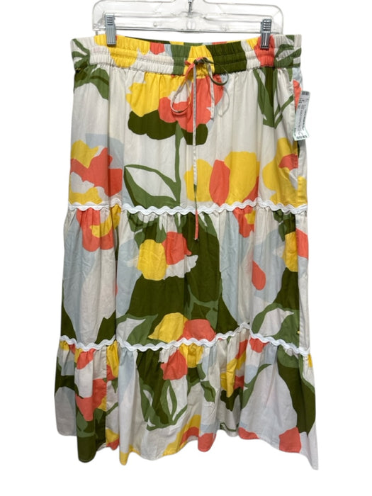 CeCe Size XL White, Green & Orange Cotton Elastic Waist Abstract Floral Dress White, Green & Orange / XL