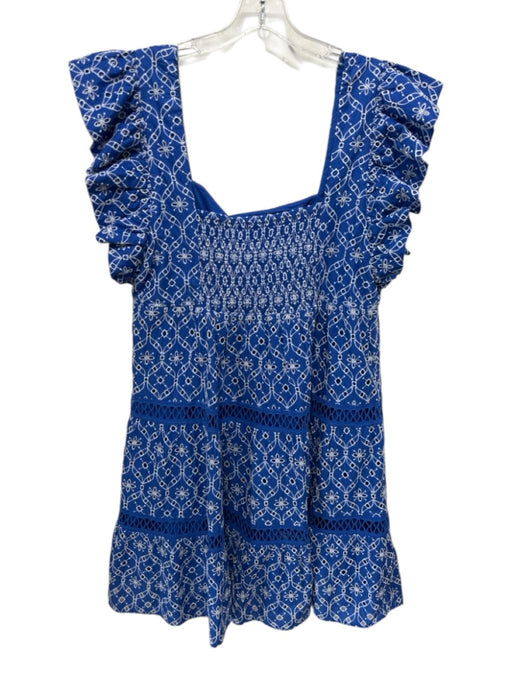 Lilly Pulitzer Size 16 Blue & White Cotton Ruffle Cap Sleeve Eyelet Tiered Dress Blue & White / 16