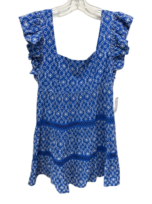 Lilly Pulitzer Size 16 Blue & White Cotton Ruffle Cap Sleeve Eyelet Tiered Dress Blue & White / 16