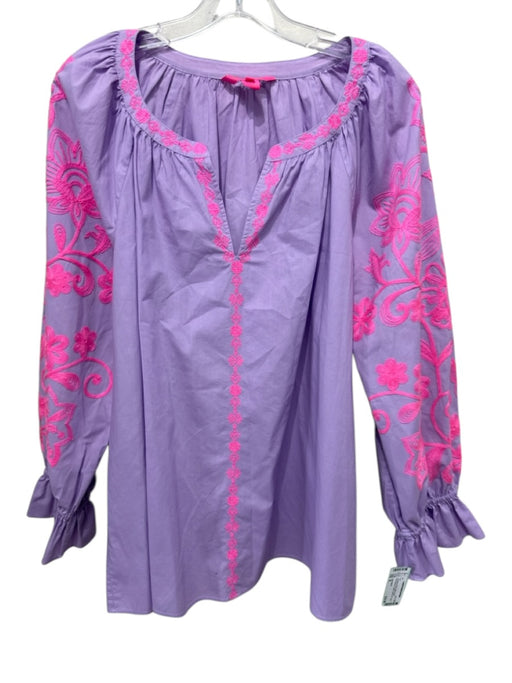 Lilly Pulitzer Size XL Lavender & Pink Cotton Floral Embroidered V Neck Top Lavender & Pink / XL