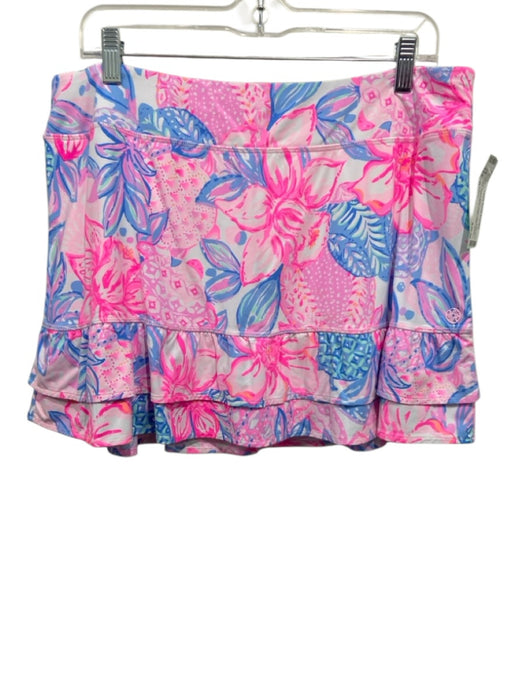 Lilly Pulitzer Size XL Pink, Blue & White Nylon Blend Floral Ruffle Detail Skort Pink, Blue & White / XL