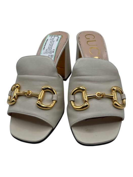 Gucci Shoe Size 39.5 Cream & Gold Leather Square Toe Horsebit Block Heel Sandals Cream & Gold / 39.5