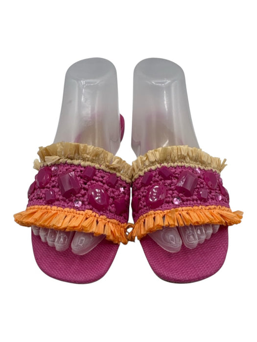 Kate Spade Shoe Size 9.5 Fuchsia, Orange & Cream Raffia Rhinestone Slide Sandals Fuchsia, Orange & Cream / 9.5