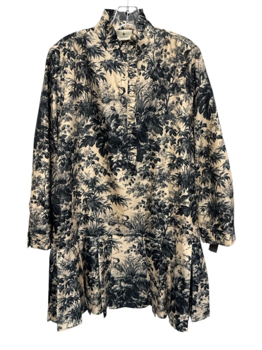 Tuckernuck Size XL Beige & Black Cotton Floral 3/4 Trumpet Sleeve Dress Beige & Black / XL