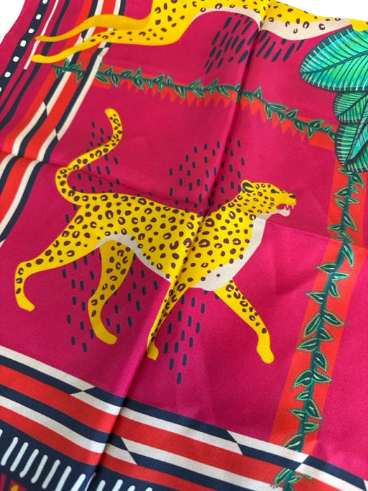 CB Grey Hot Pink & Multi Silk Leaf Print Jaguar Leopard Square scarf Hot Pink & Multi / M