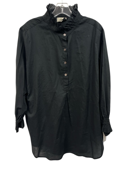 Tuckernuck Size XXL Black Cotton Ruffle Mock Collar 1/4 Button Top Black / XXL