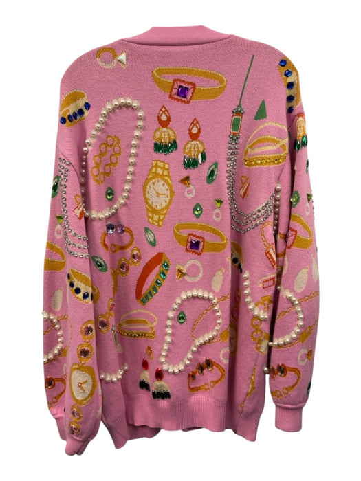Queen of Sparkles Size L Pink, Yellow, Multi Acrylic & Cotton Bedazzled Cardigan Pink, Yellow, Multi / L