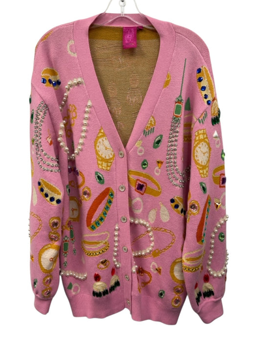 Queen of Sparkles Size L Pink, Yellow, Multi Acrylic & Cotton Bedazzled Cardigan Pink, Yellow, Multi / L