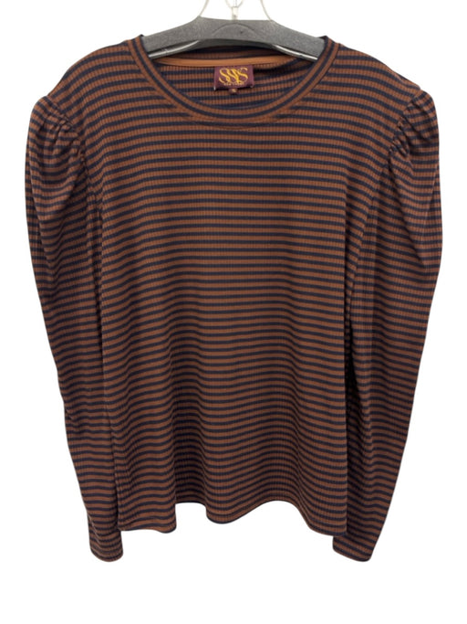 SSYS Size XXL Brown & Navy Blue Polyester Long puff sleeve Stripe Rib Knit Top Brown & Navy Blue / XXL