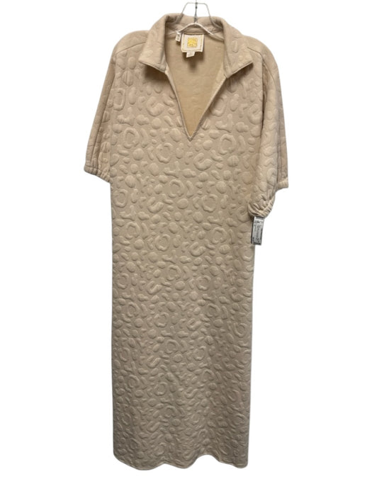 Emily McCarthy Size XL Cream Beige Polyester Blend Textile Collagen V Neck Dress Cream Beige / XL