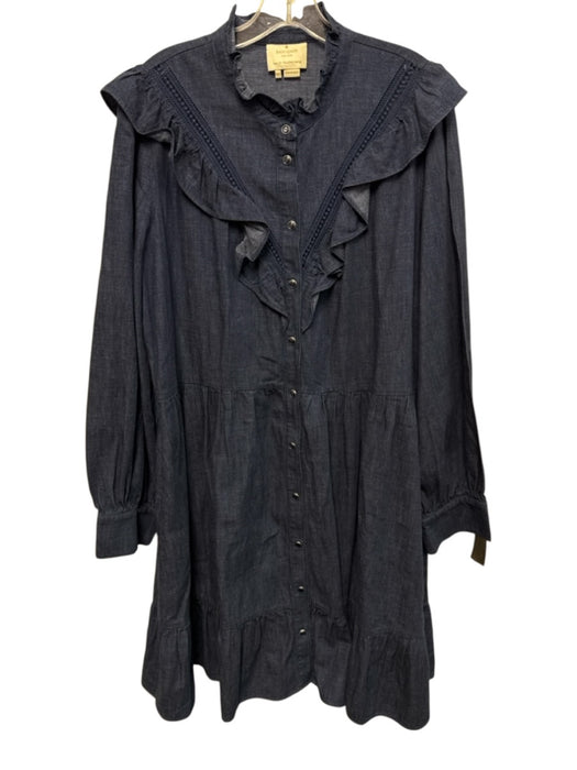 Kate Spade Size XXL Navy Blue Cotton Dark Wash Ruffle Trim Snap Up Dress Navy Blue / XXL