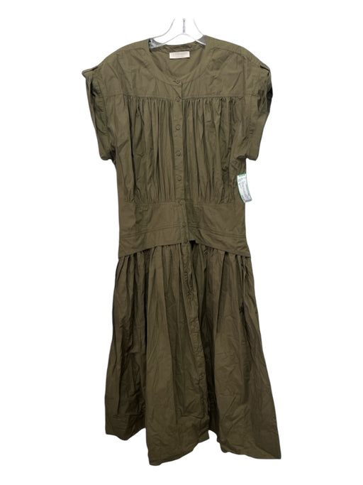 Ulla Johnson Size 10 Dark Green Cotton Button Down Waist Detail Cap Sleeve Dress Dark Green / 10