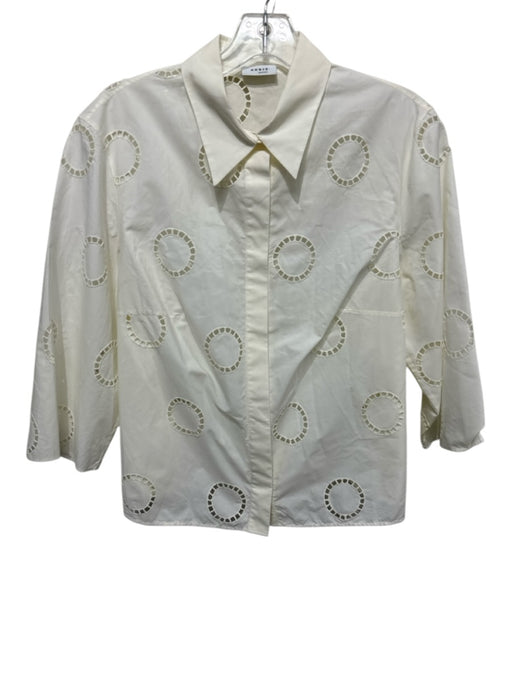 Akris Punto Size L Cream White Cotton 3/4 Sleeve Eyelet Circle Button Down Top Cream White / L