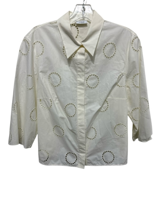 Akris Punto Size L Cream White Cotton 3/4 Sleeve Eyelet Circle Button Down Top Cream White / L