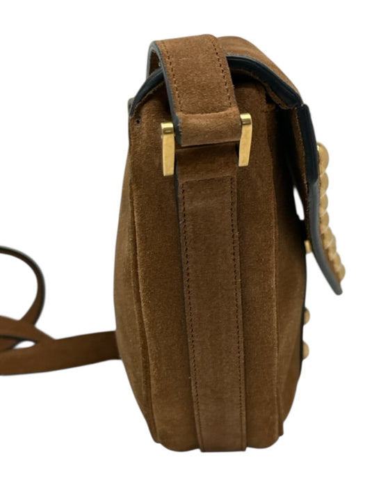Saint Laurent Tan Brown Suede Gold Studs Flap Satchel Crossbody Strap Bag Tan Brown / Small