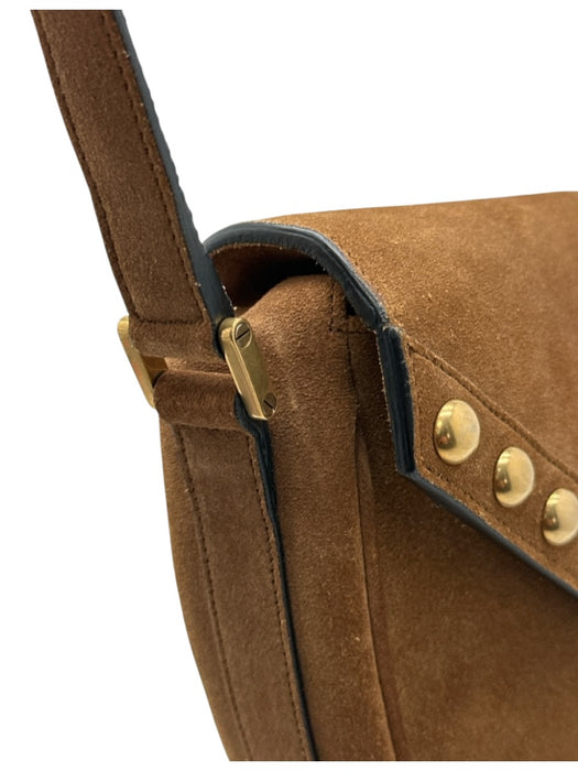 Saint Laurent Tan Brown Suede Gold Studs Flap Satchel Crossbody Strap Bag Tan Brown / Small