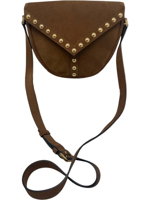 Saint Laurent Tan Brown Suede Gold Studs Flap Satchel Crossbody Strap Bag Tan Brown / Small