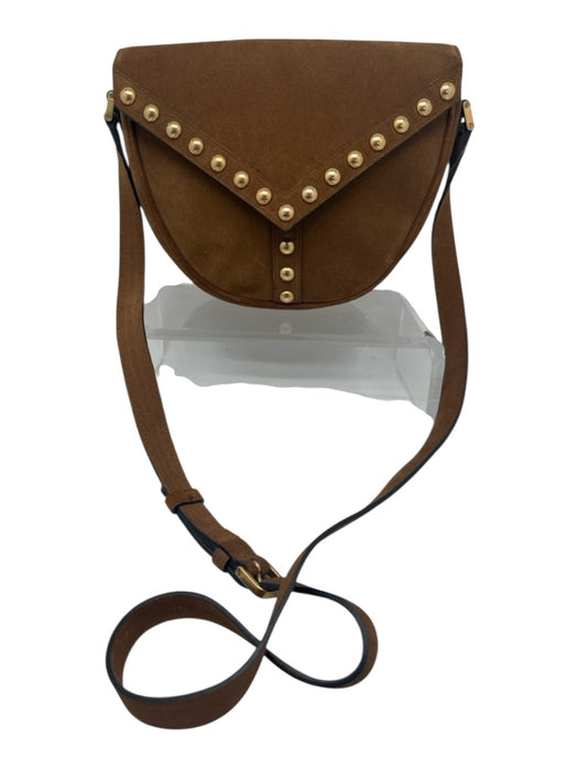 Saint Laurent Tan Brown Suede Gold Studs Flap Satchel Crossbody Strap Bag Tan Brown / Small