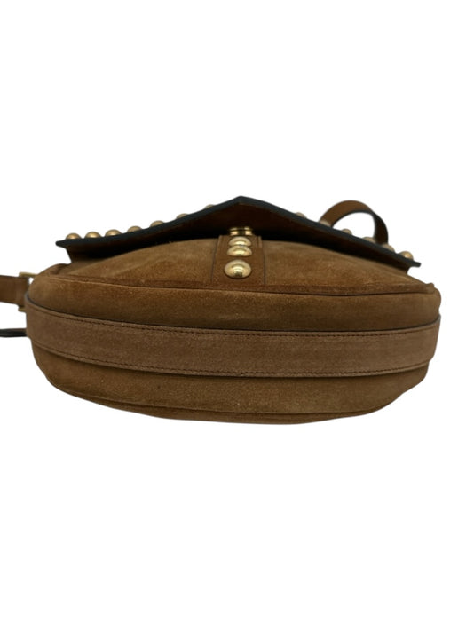 Saint Laurent Tan Brown Suede Gold Studs Flap Satchel Crossbody Strap Bag Tan Brown / Small