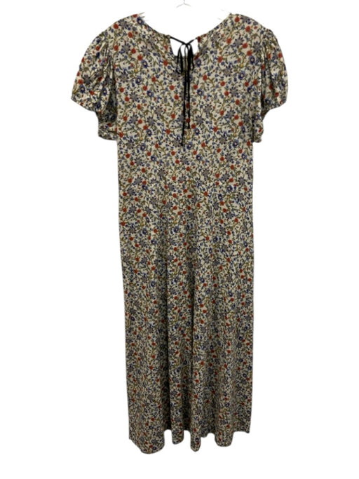 Doen Size Large Blue, Red, Green Cotton Puff Cap Sleeve Floral Tie Back Dress Blue, Red, Green / Large