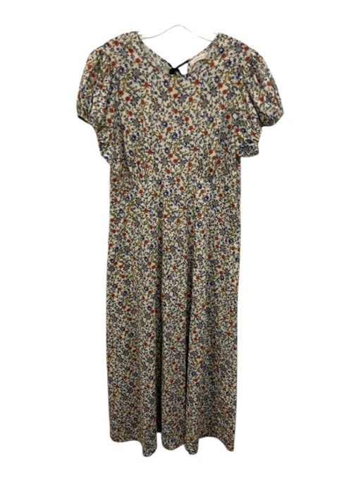 Doen Size Large Blue, Red, Green Cotton Puff Cap Sleeve Floral Tie Back Dress Blue, Red, Green / Large
