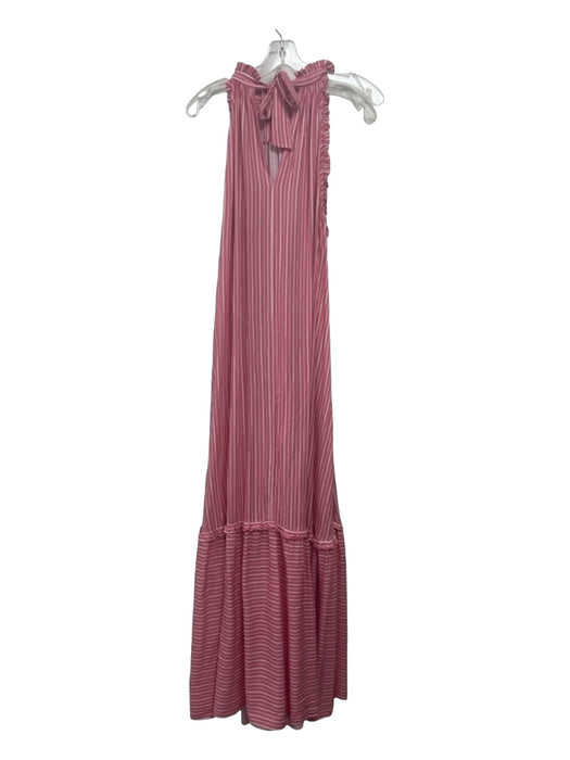 Loretta Caponi Firenze Size M Pink & White Viscose High Tie Neck Striped Dress Pink & White / M