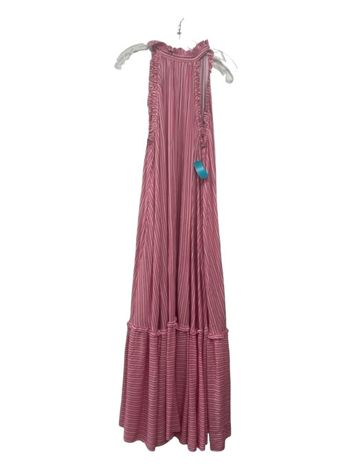 Loretta Caponi Firenze Size M Pink & White Viscose High Tie Neck Striped Dress Pink & White / M